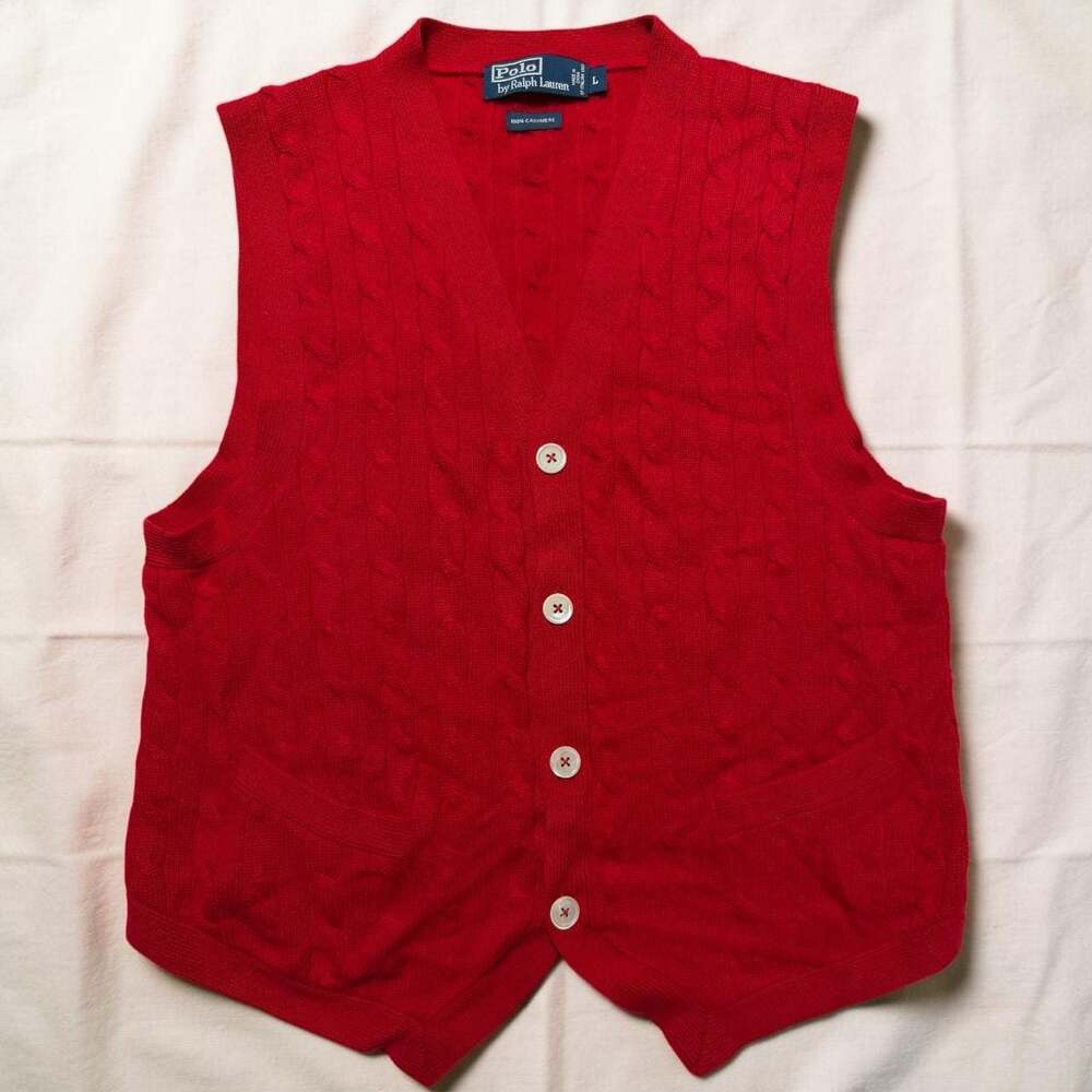 Polo by Ralph Lauren Men's Red 100% Cashmere Cable Knit Button-Front Vest Size L
